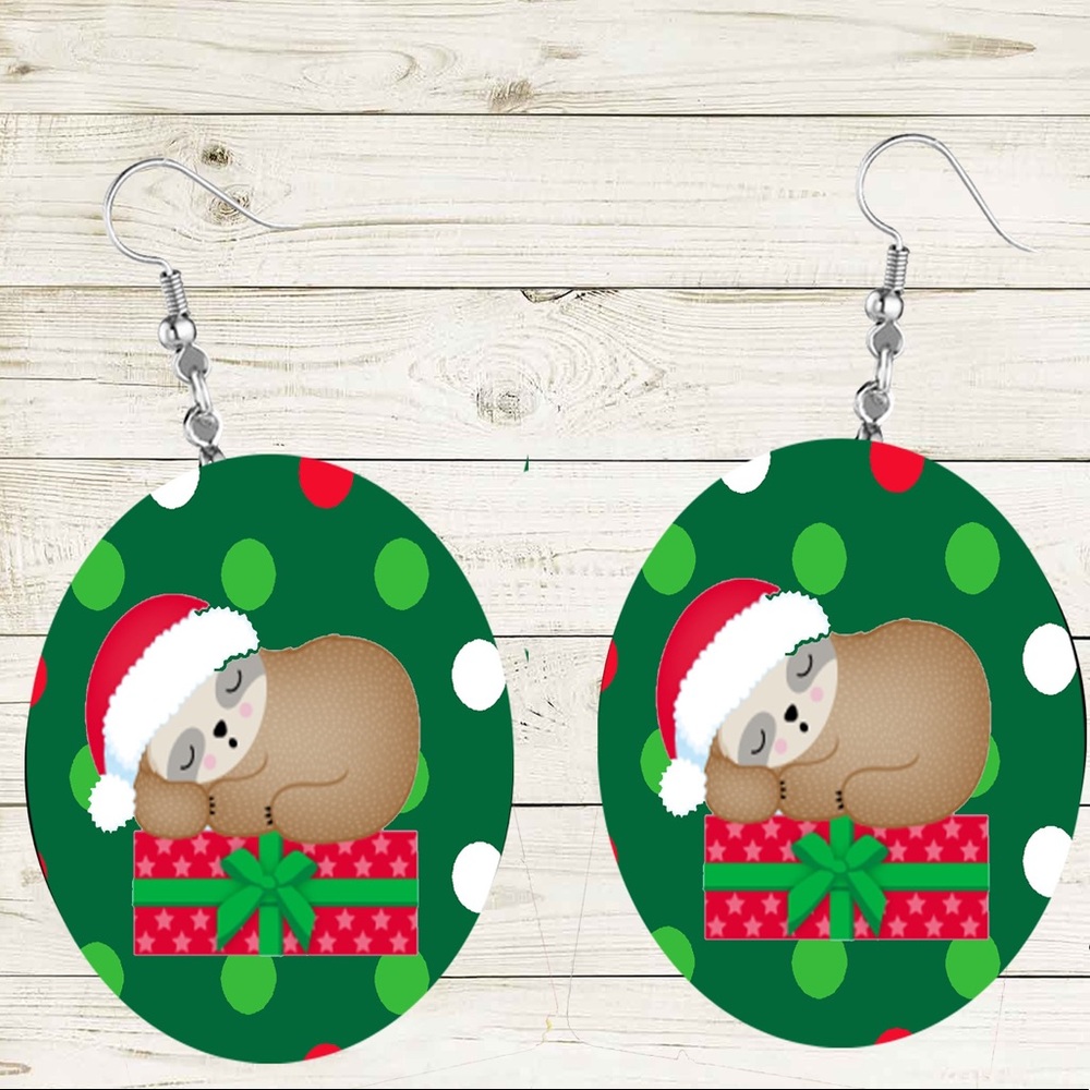 Sleeping Sloth on Green Dots Christmas Earrings